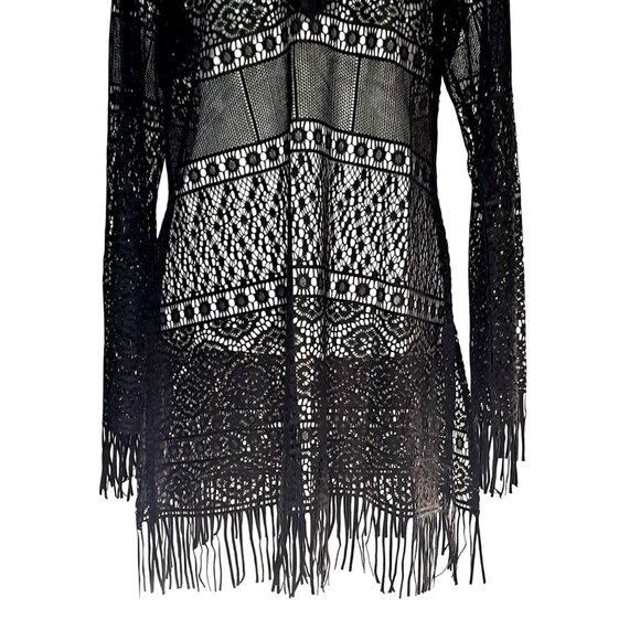 Vintage Black Lace Top Womens Size L Large Fringe Long Sleeve V Neck Cover Up A- - Picture 3 of 7